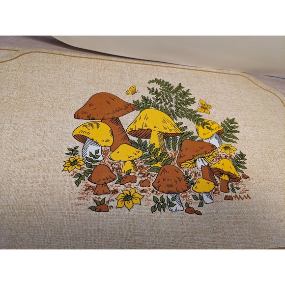 Set Of 4 Vinyl MCM 1970's Mushroom Placemats Orange Brown Rectangle Beige Groovy - Picture 5 of 12